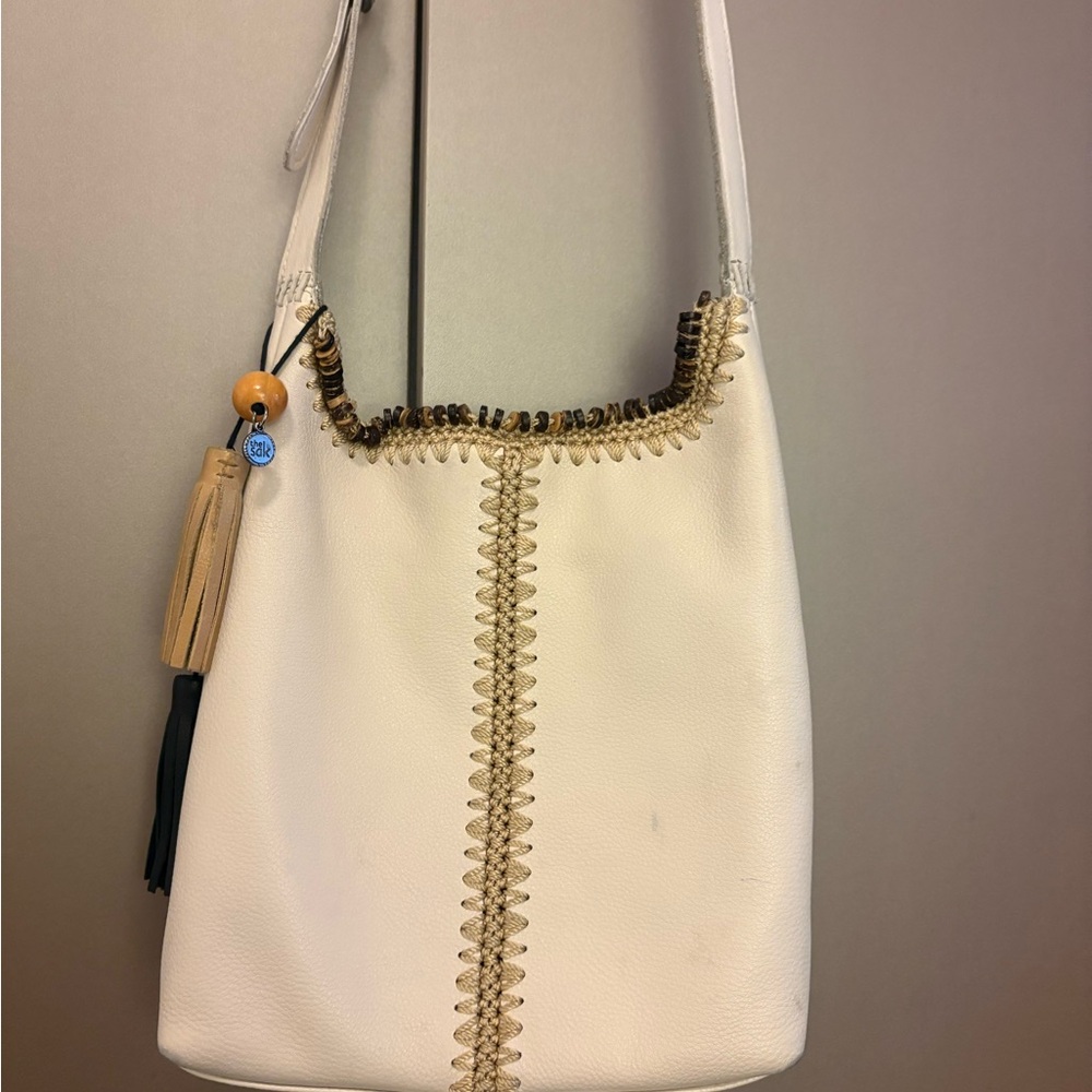 The Sak Huntley Leather Crochet Trim Crossbody Bag Ivory Cream 108967 EUC